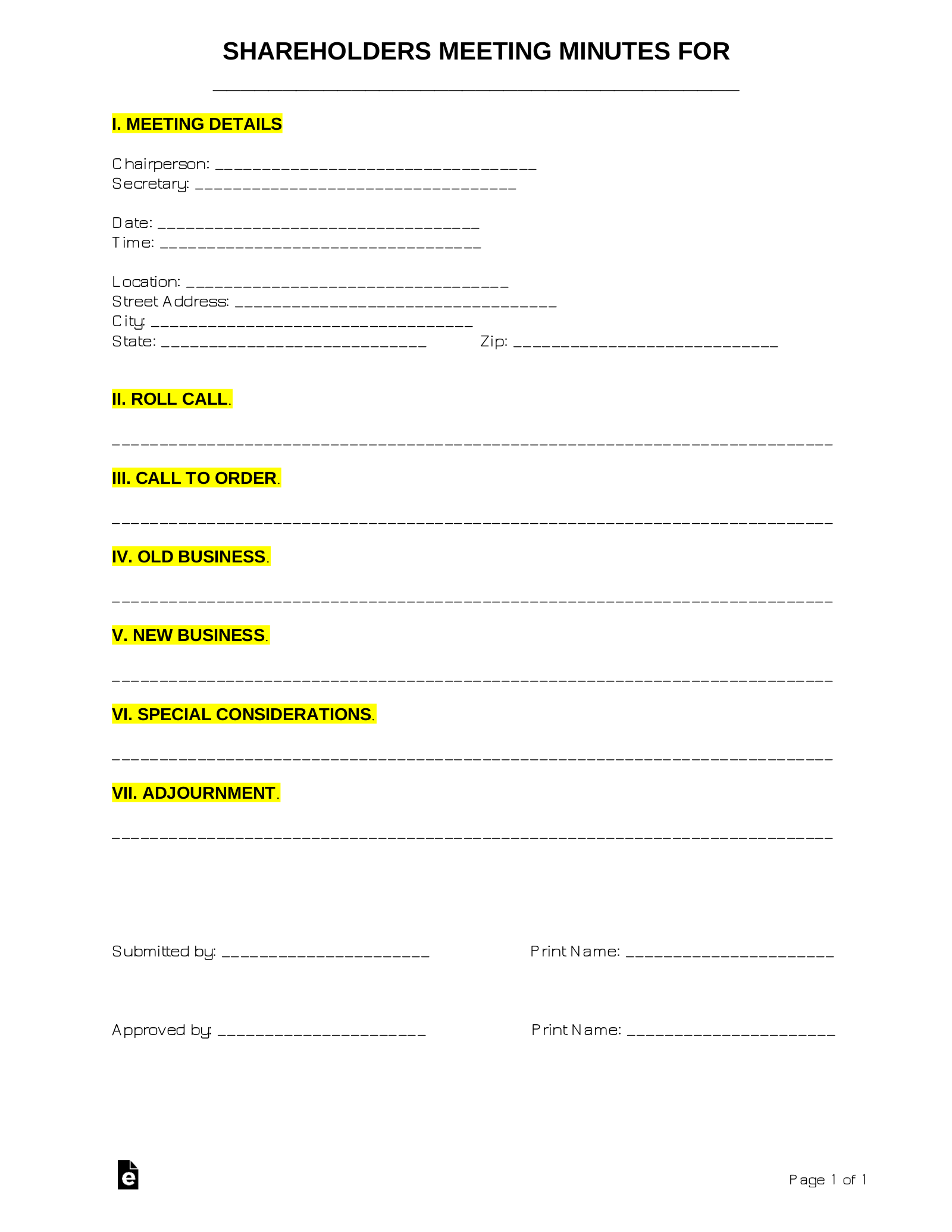 Free Shareholders Meeting Minutes Template Sample PDF Word eForms