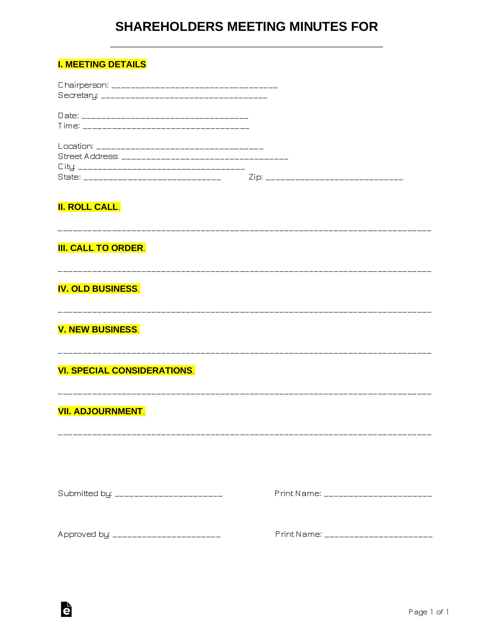 Free Shareholders Meeting Minutes Template Sample PDF Word EForms