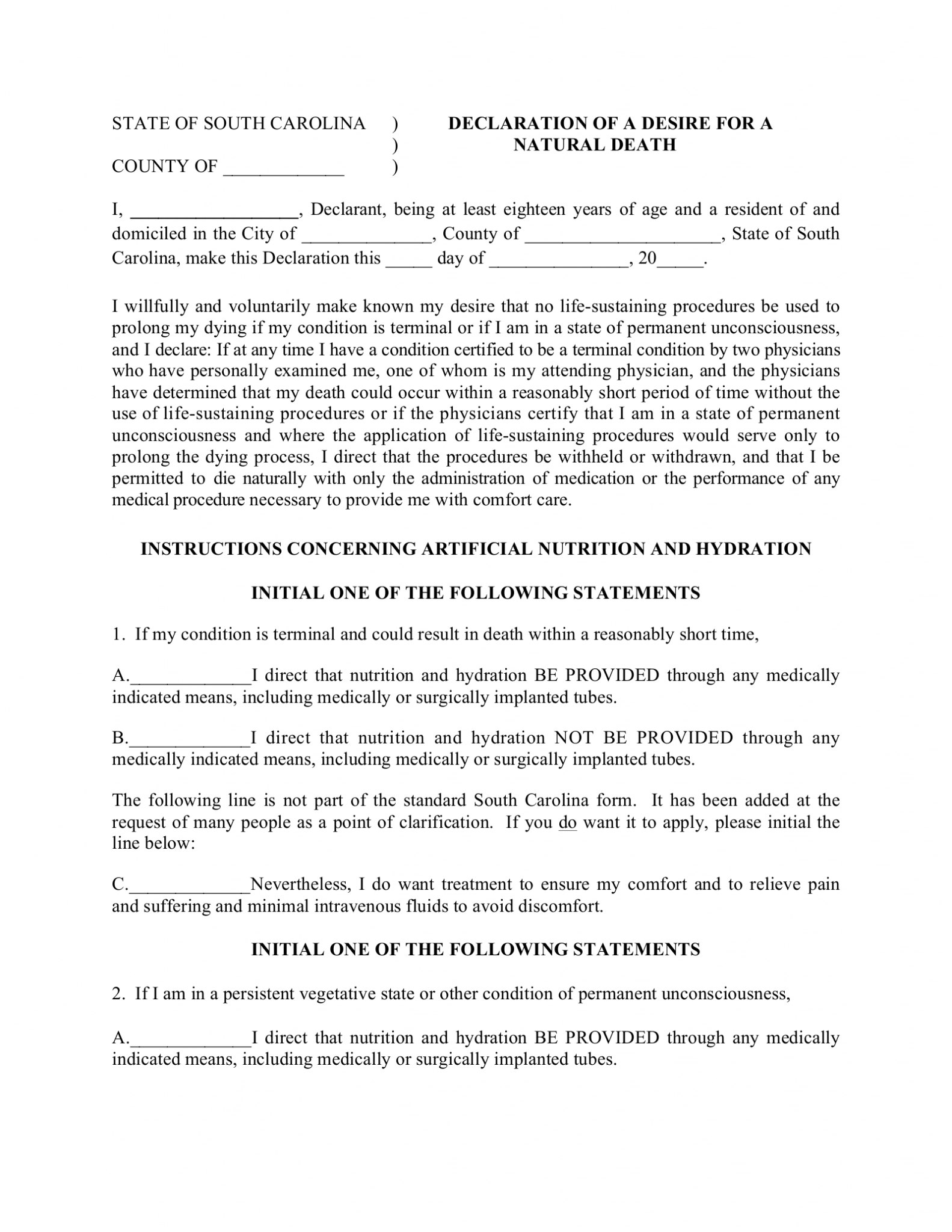 Free South Carolina Advance Directive Form PDF EForms