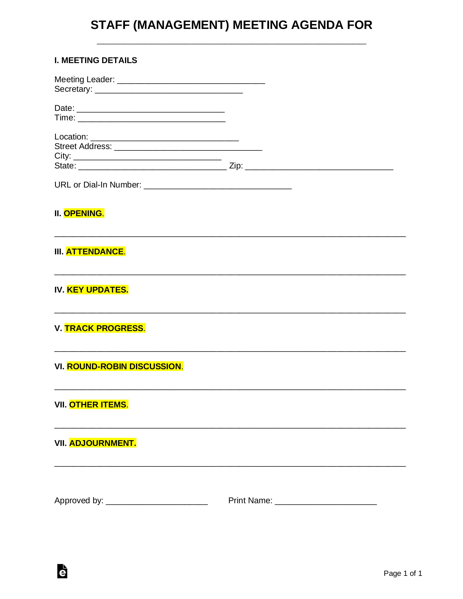 Free Staff Management Meeting Agenda Template Sample Pdf Word Eforms