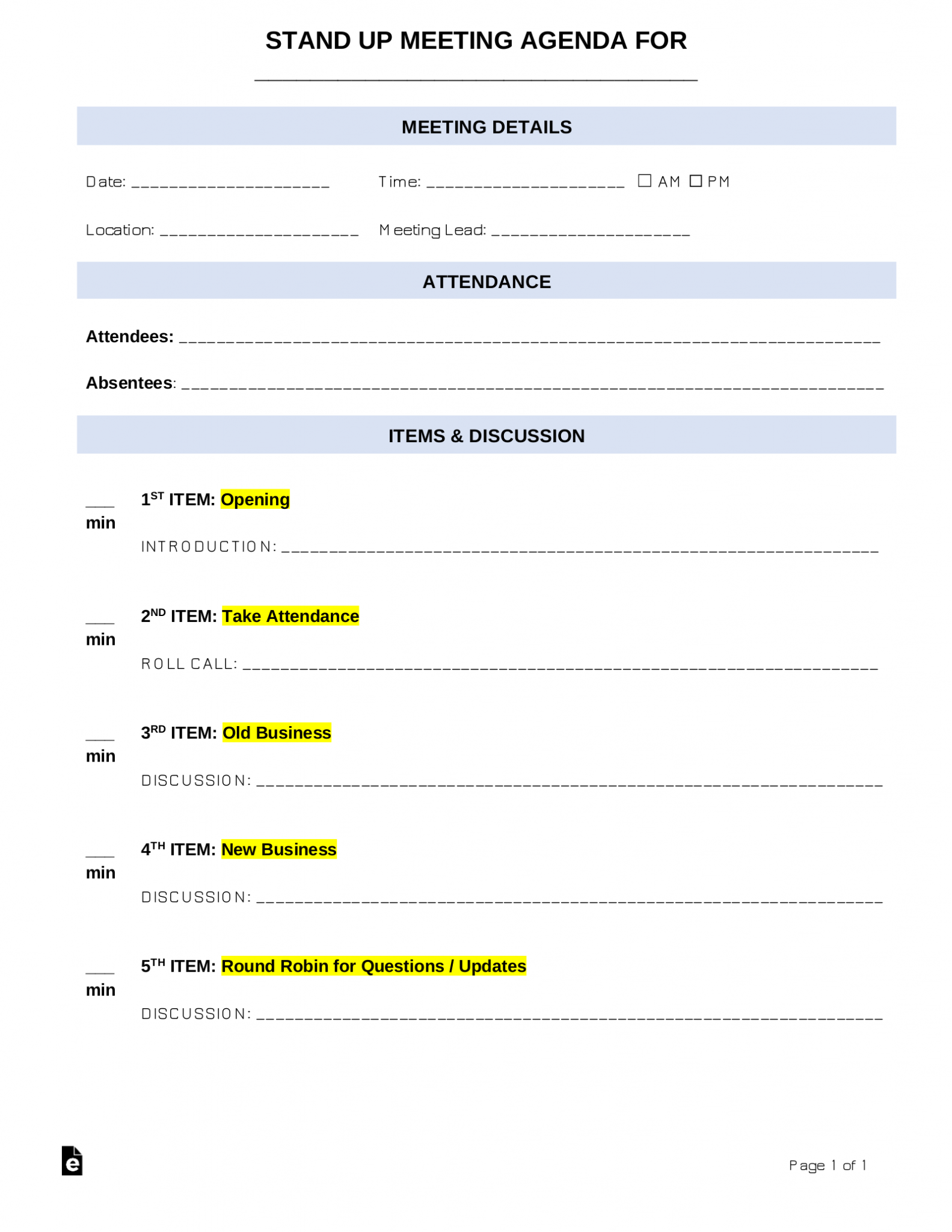 Free Stand Up Meeting Agenda Template Sample PDF Word eForms