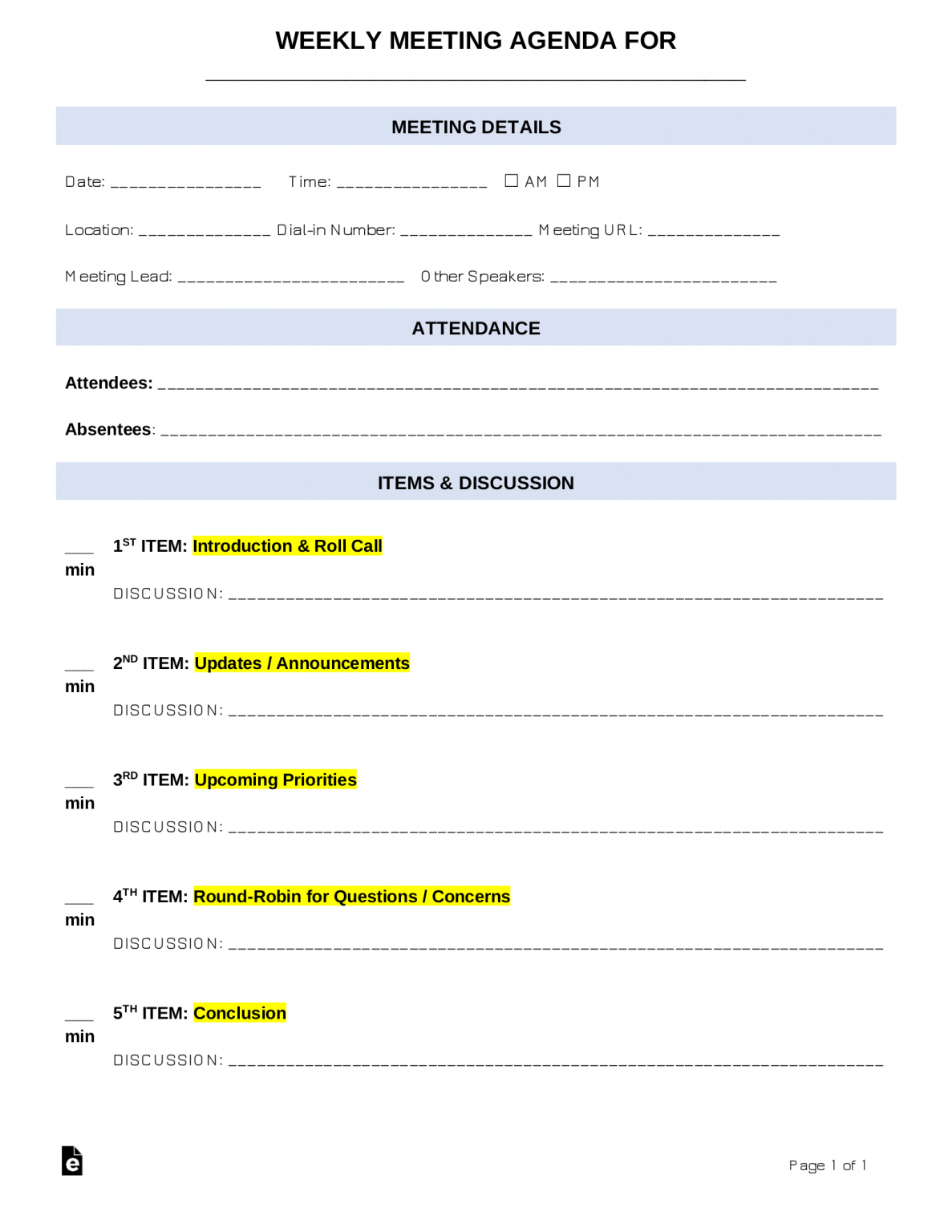 Free Weekly Meeting Agenda Template PDF Word EForms