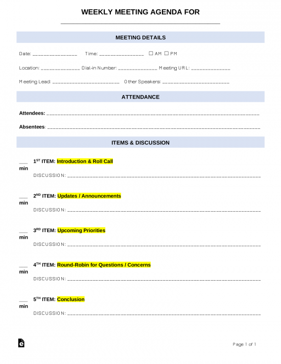 Free Weekly Meeting Agenda Template - PDF | Word – eForms