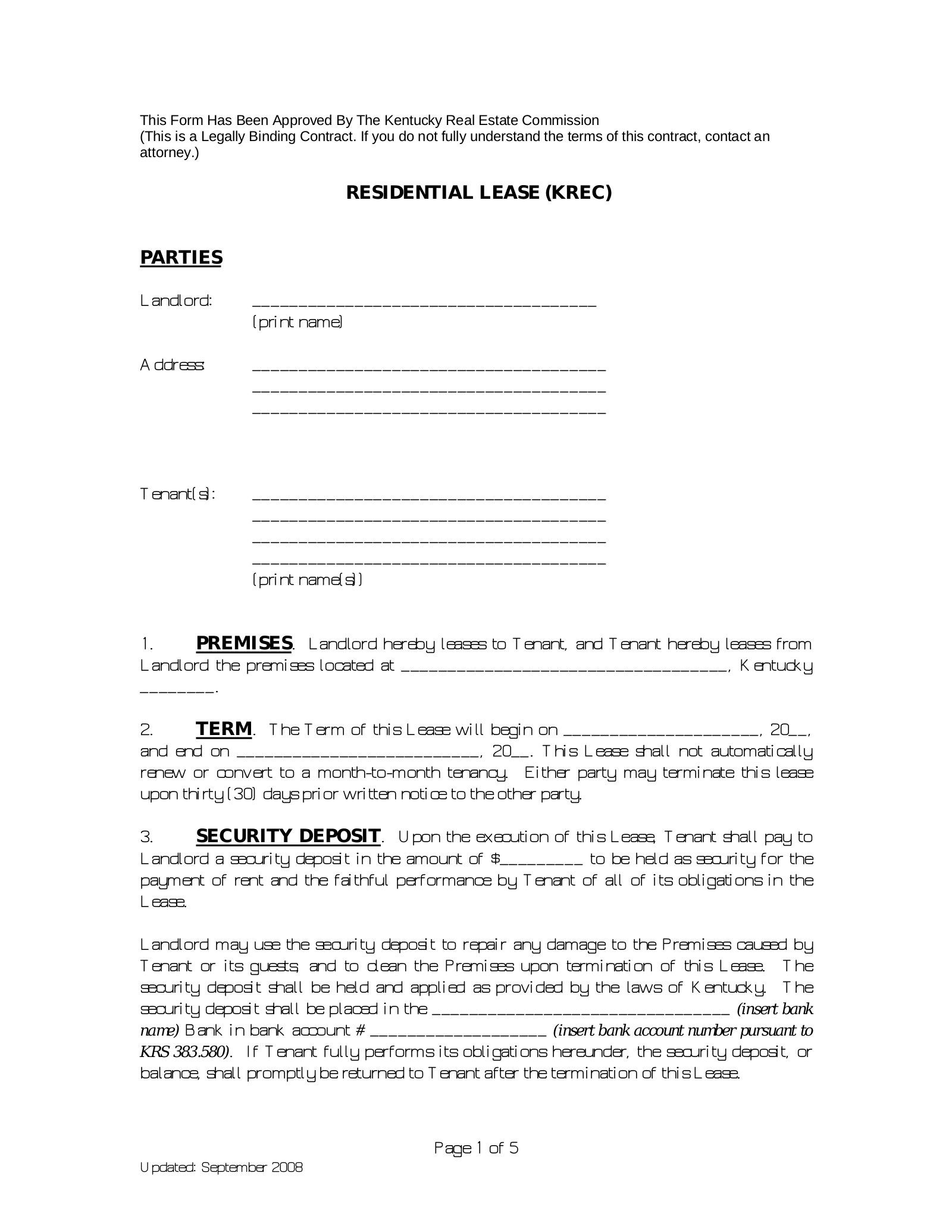 Kentucky Real Estate Commission (KREC) Lease Agreement
