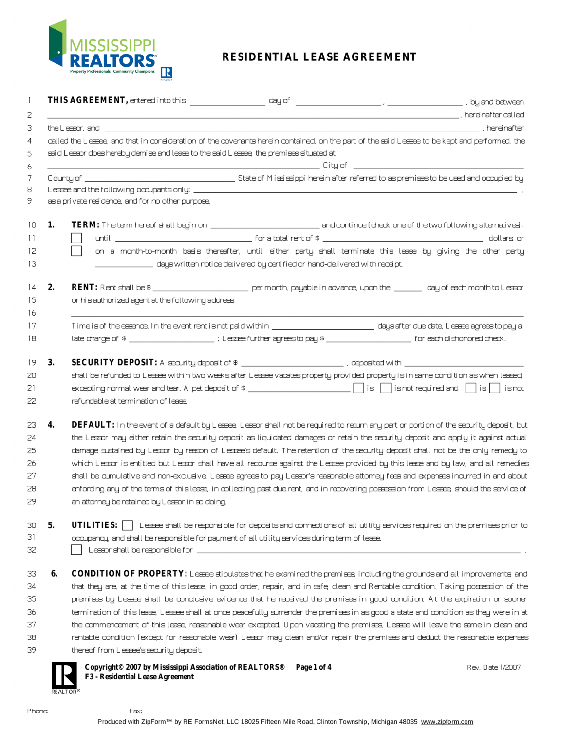 Free Mississippi Association Of Realtors Residential Lease Agreement Pdf Eforms