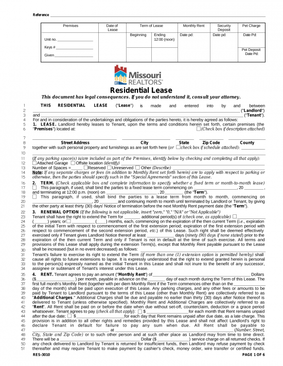 Missouri Assoc. of Realtors Residential Lease Agreement