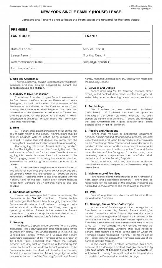 Free New York Single-Family Home (House) Lease Agreement - PDF | Word