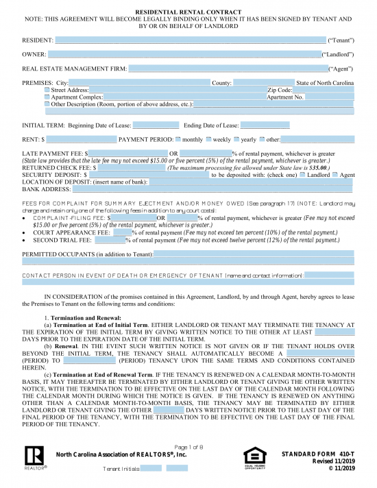 Free North Carolina Association of Realtors Lease Agreement - PDF – eForms