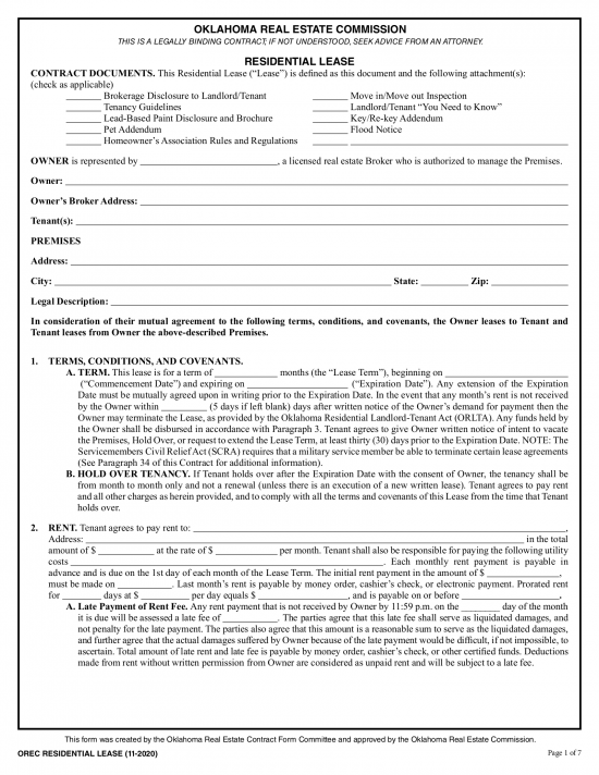 Oklahoma Real Estate Commission Lease Agreement (Rev. 2020)