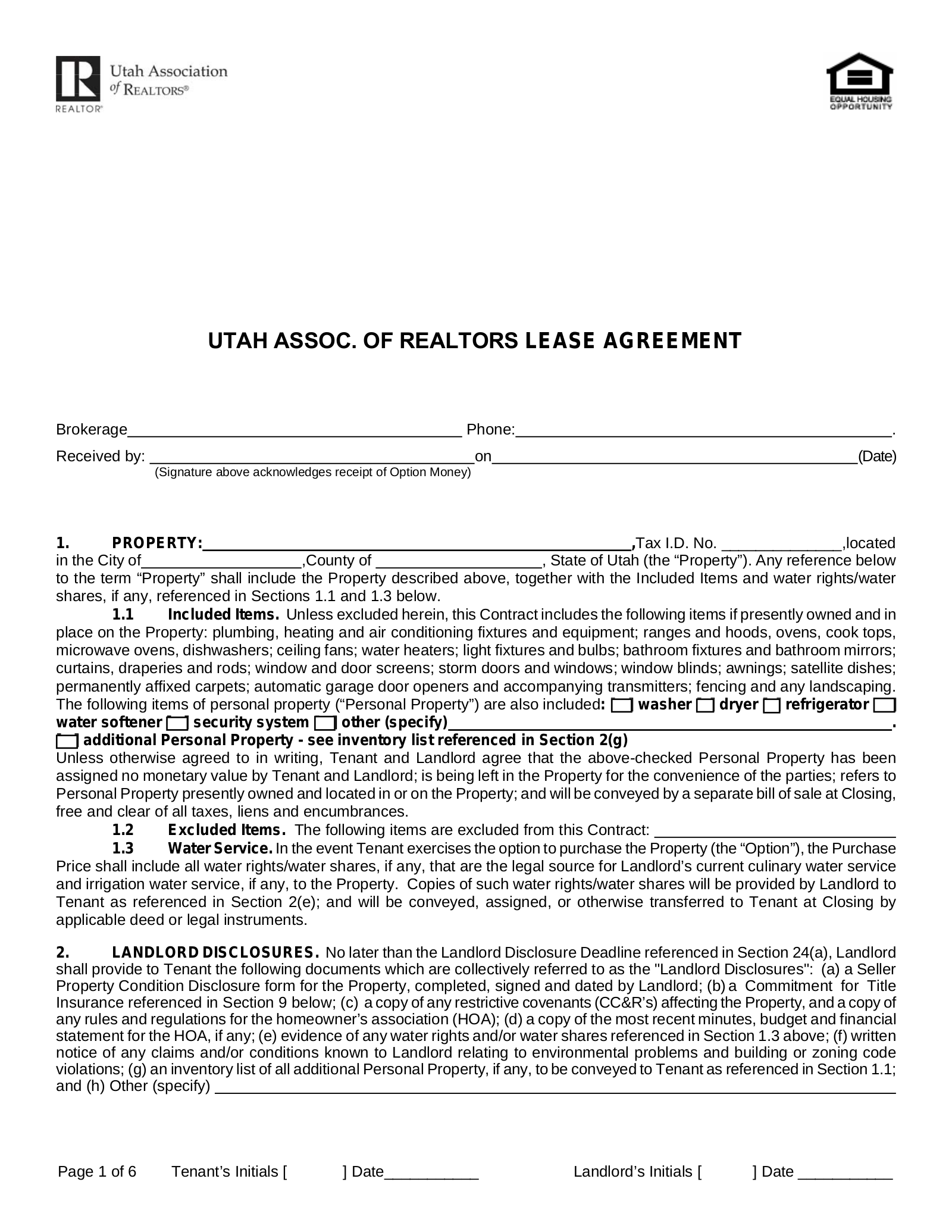 Utah Association of Realtors Residential Lease Agreement