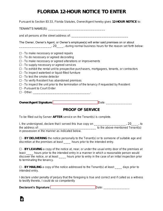 Free Florida 12Hour Landlord Notice to Enter Form PDF Word eForms