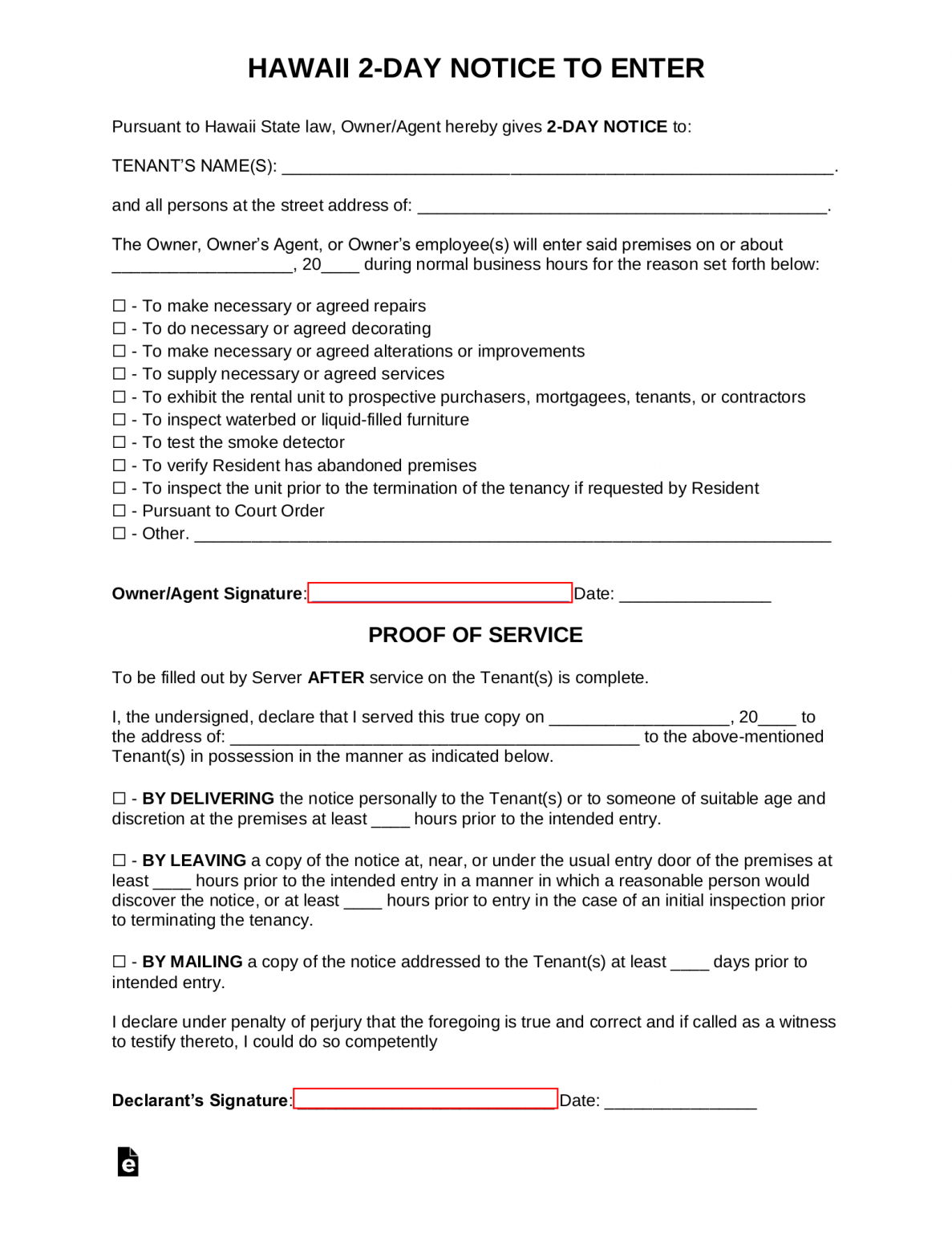 Free Hawaii 2Day Landlord Notice to Enter Form PDF Word eForms