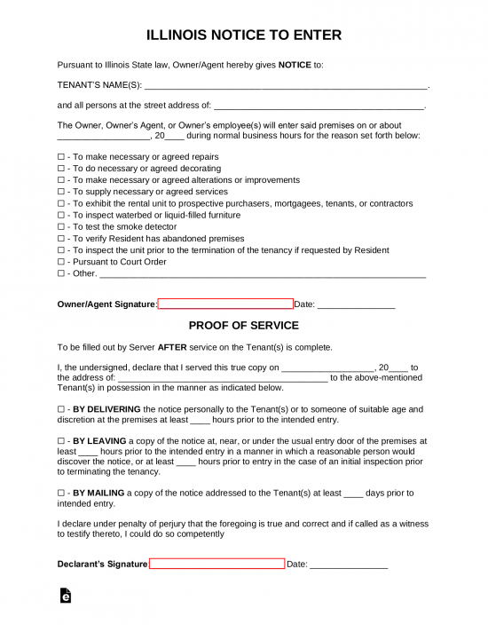 Free Illinois Landlord Notice to Enter Form - PDF | Word – eForms