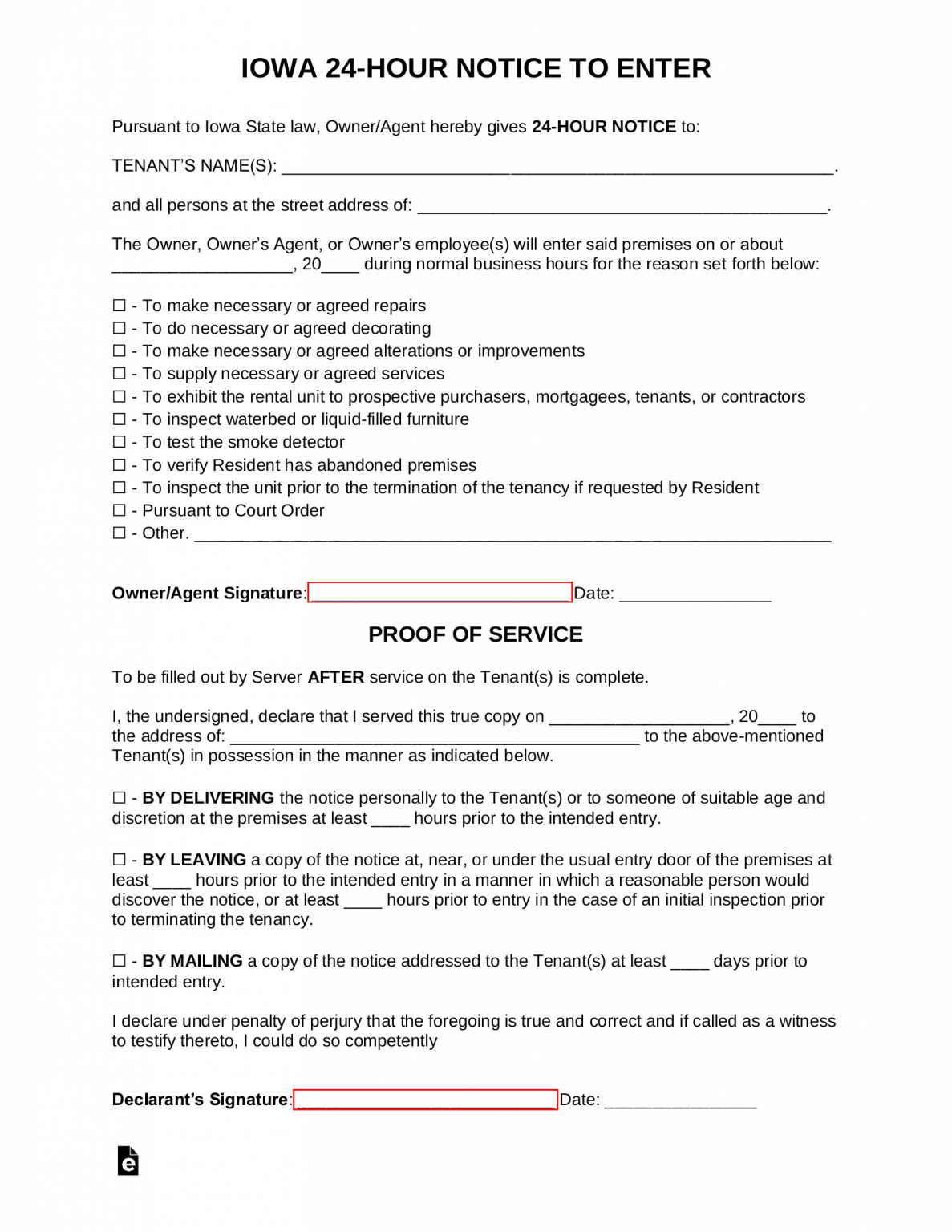 Free Iowa 24 Hour Landlord Notice To Enter Form PDF Word EForms