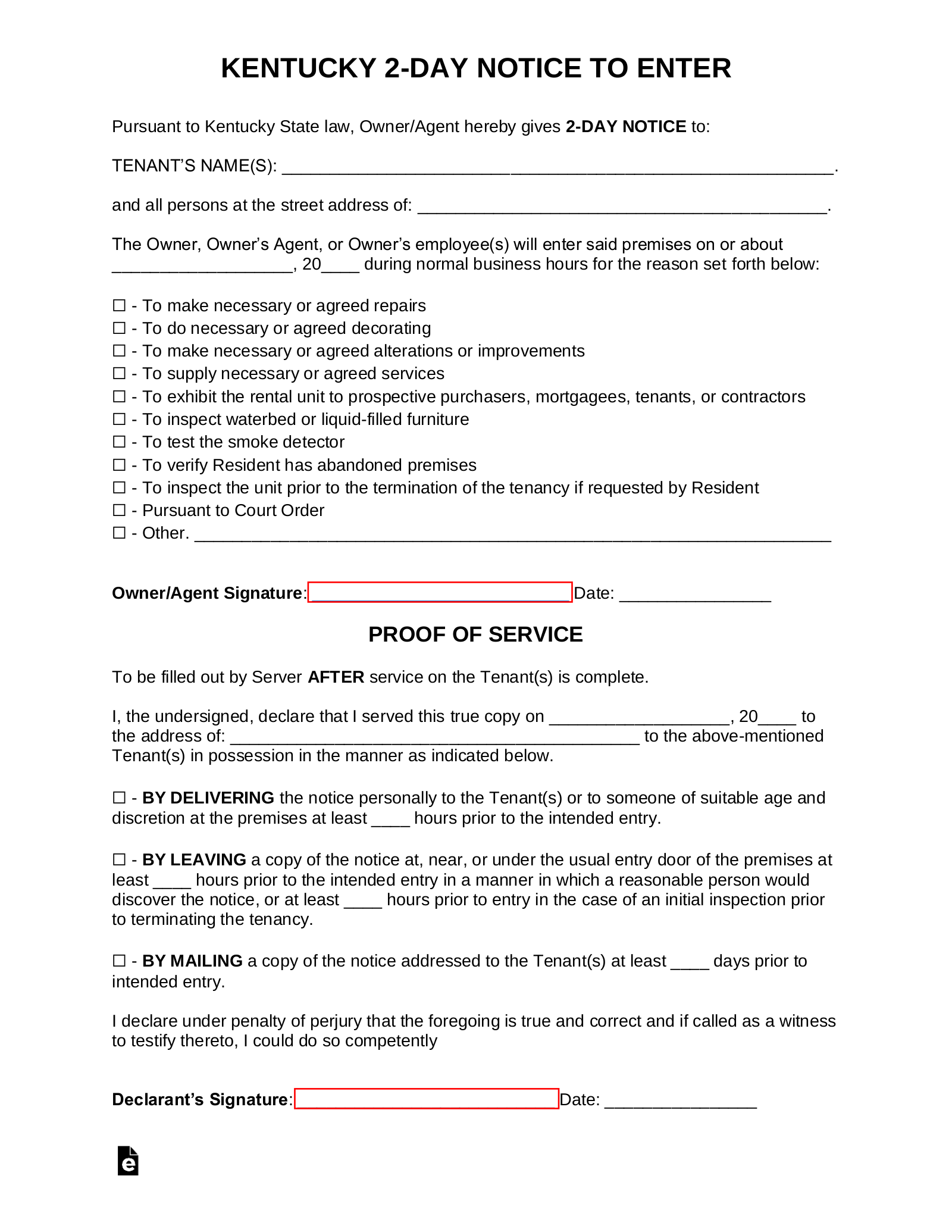 Kentucky 2-Day Landlord Notice to Enter Form