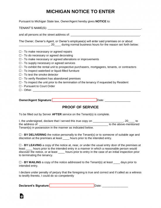 Michigan Landlord Notice to Enter Form