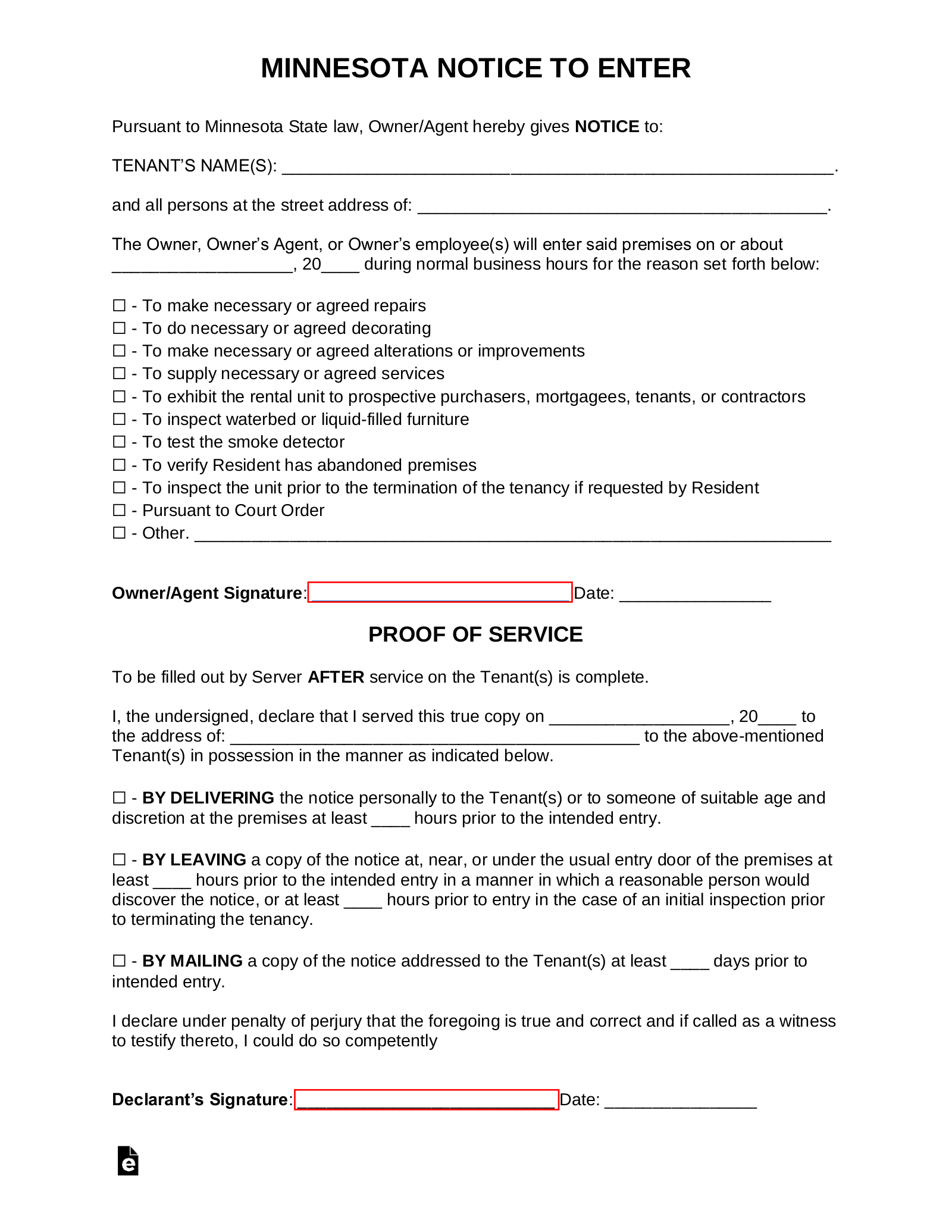 Minnesota Landlord Notice to Enter Form