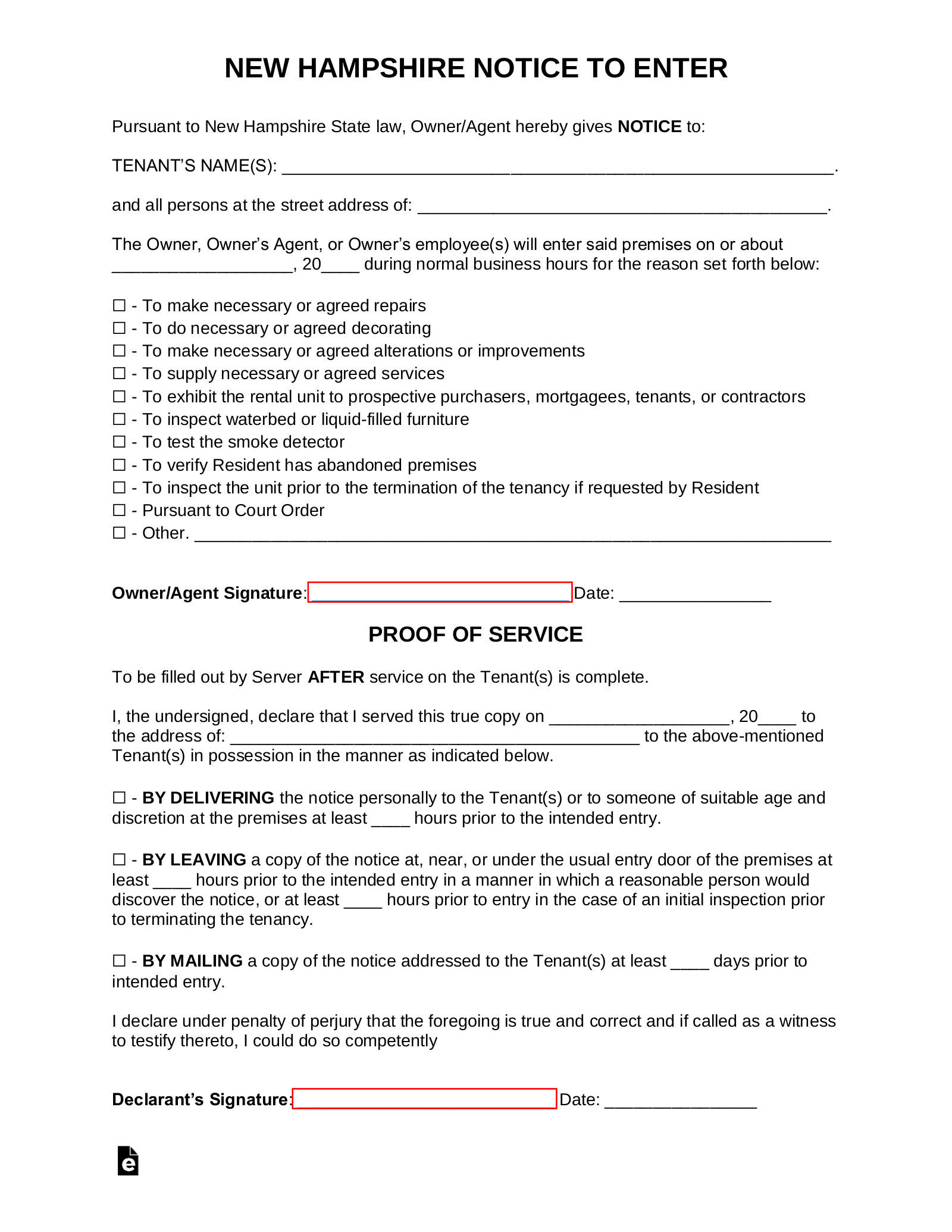 New Hampshire Landlord Notice to Enter Form