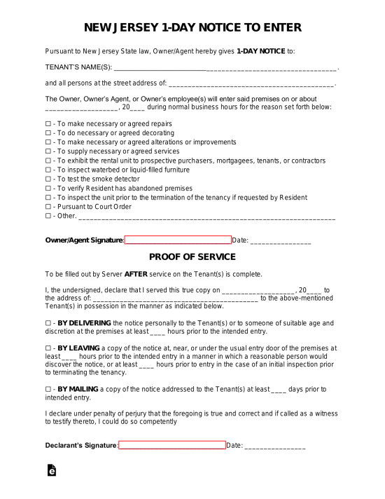 Free New Jersey Landlord 1-Day Notice to Enter Form - PDF | Word – eForms