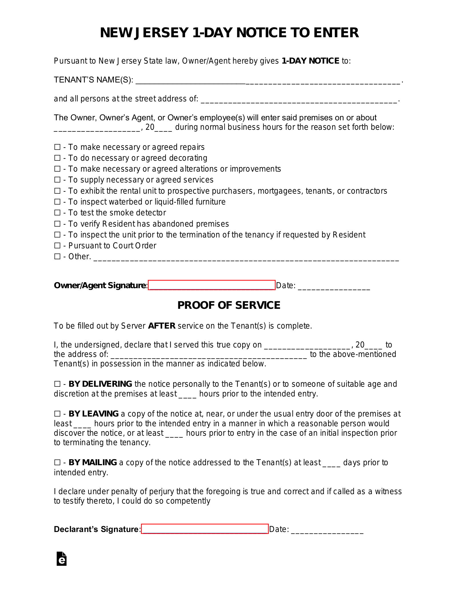 New Jersey Landlord 1-Day Notice to Enter Form