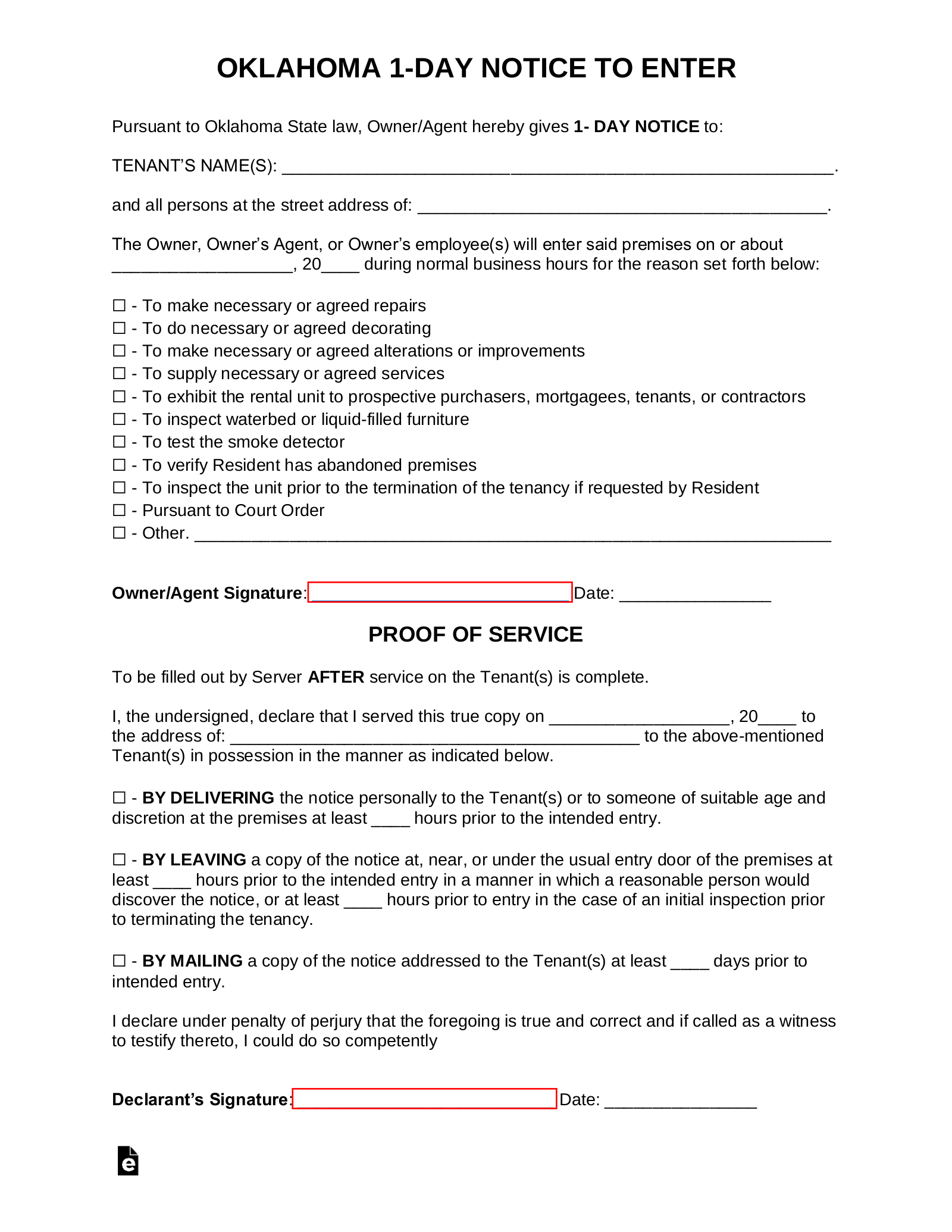 Oklahoma 1-Day Landlord Notice to Enter Form
