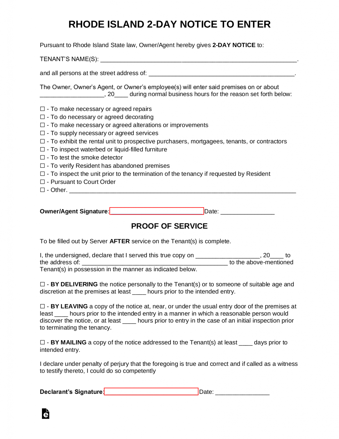 Free Rhode Island 2-Day Landlord Notice to Enter Form - PDF | Word – eForms