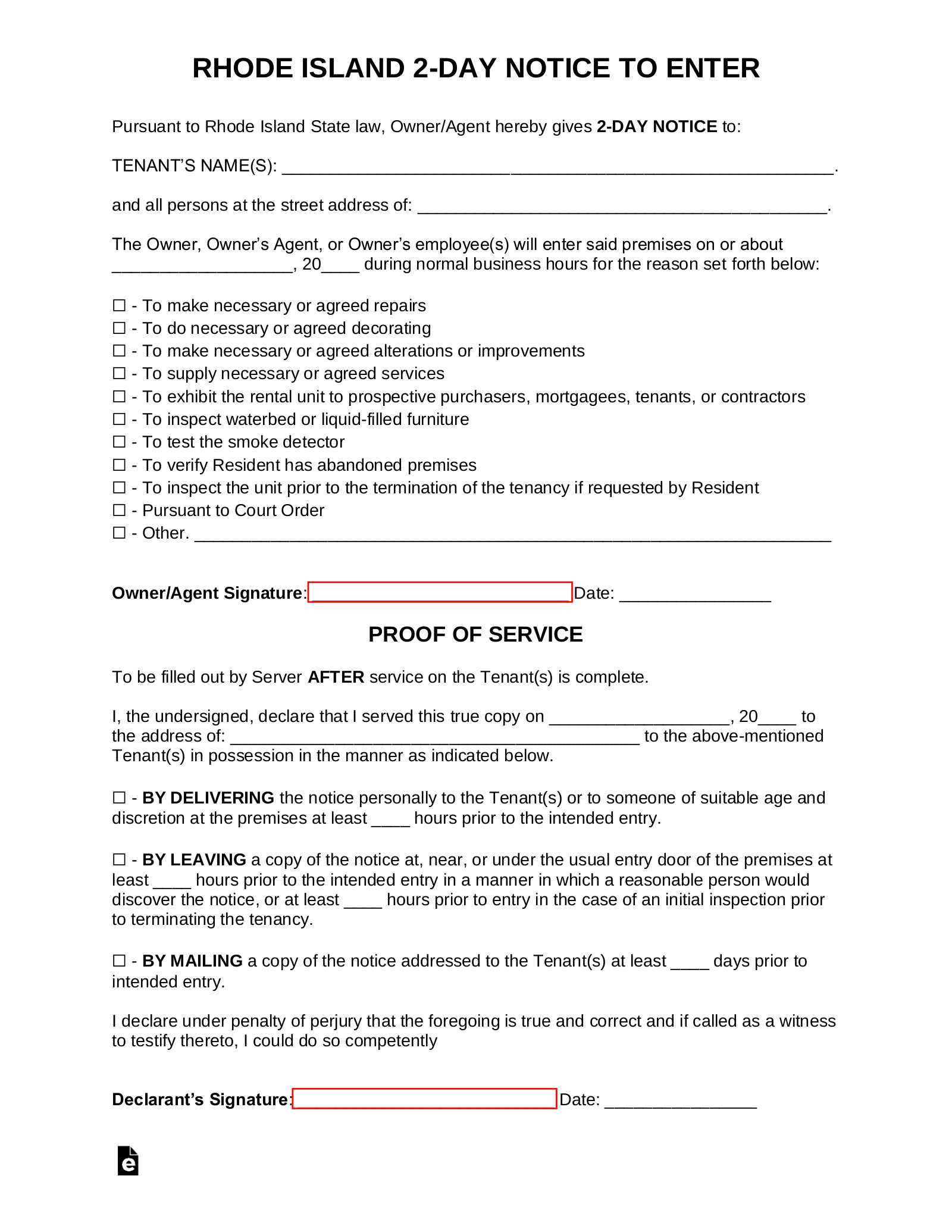 Rhode Island 2-Day Landlord Notice to Enter Form