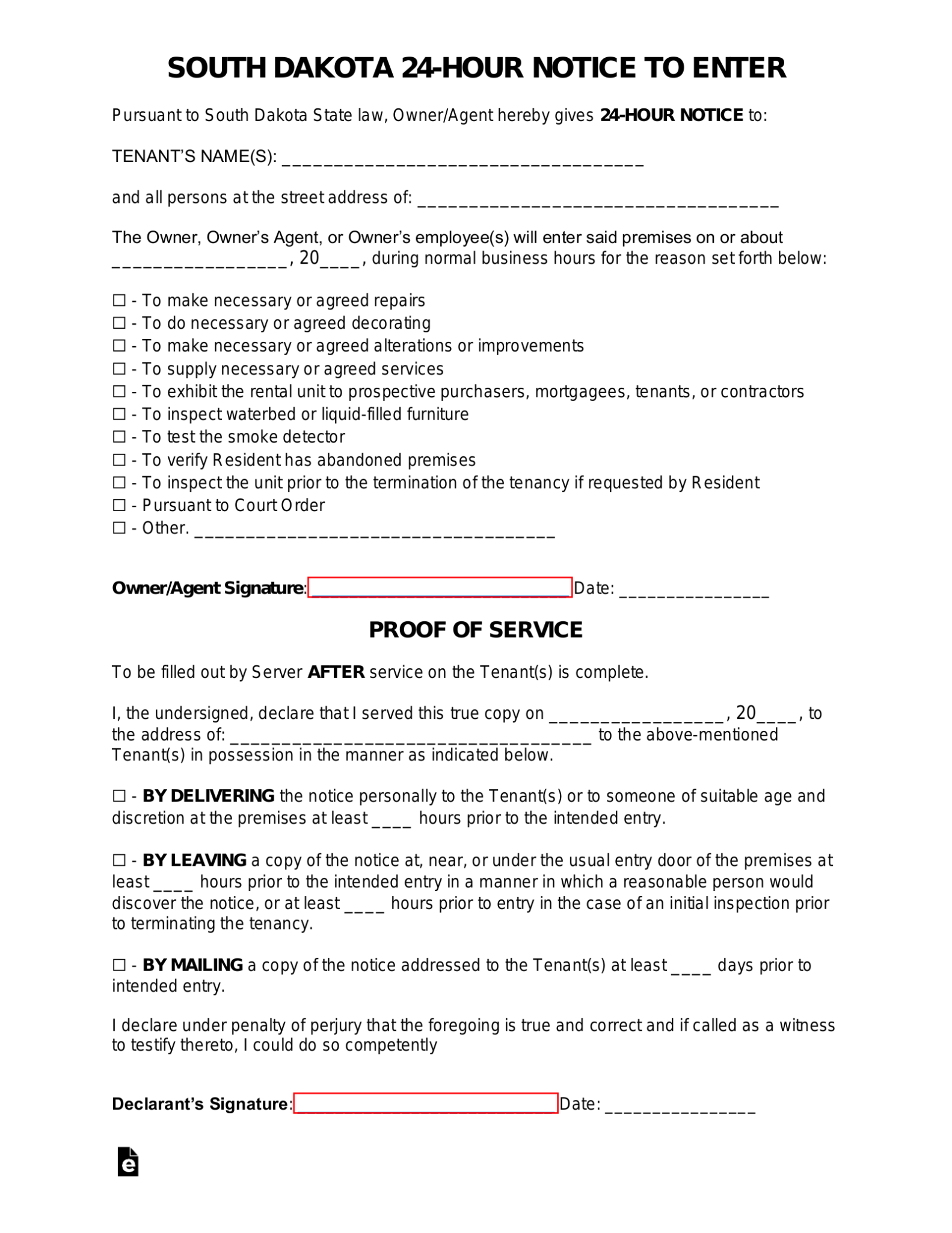 Free South Dakota Landlord 24Hour Notice to Enter Form PDF Word