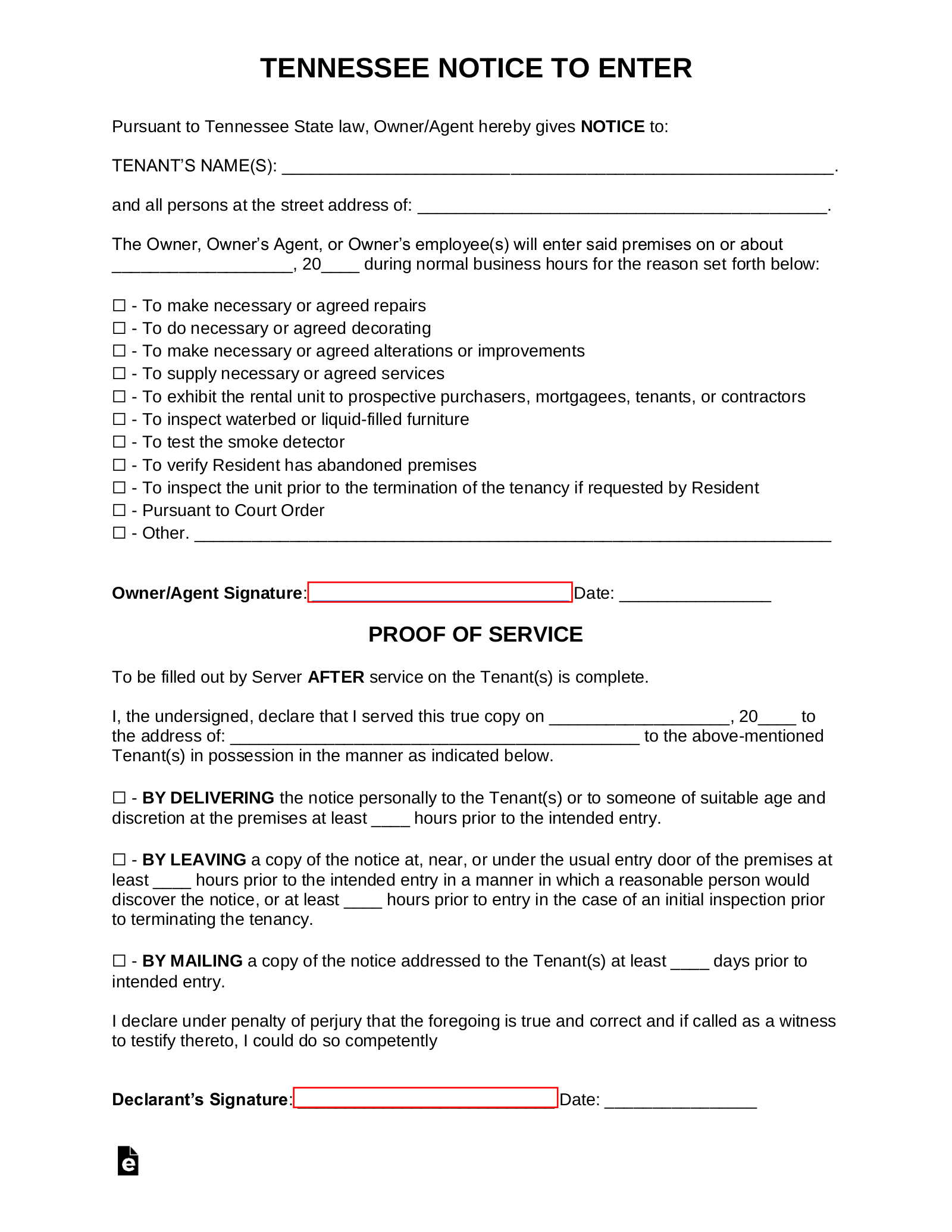 Tennessee Landlord Notice to Enter Form
