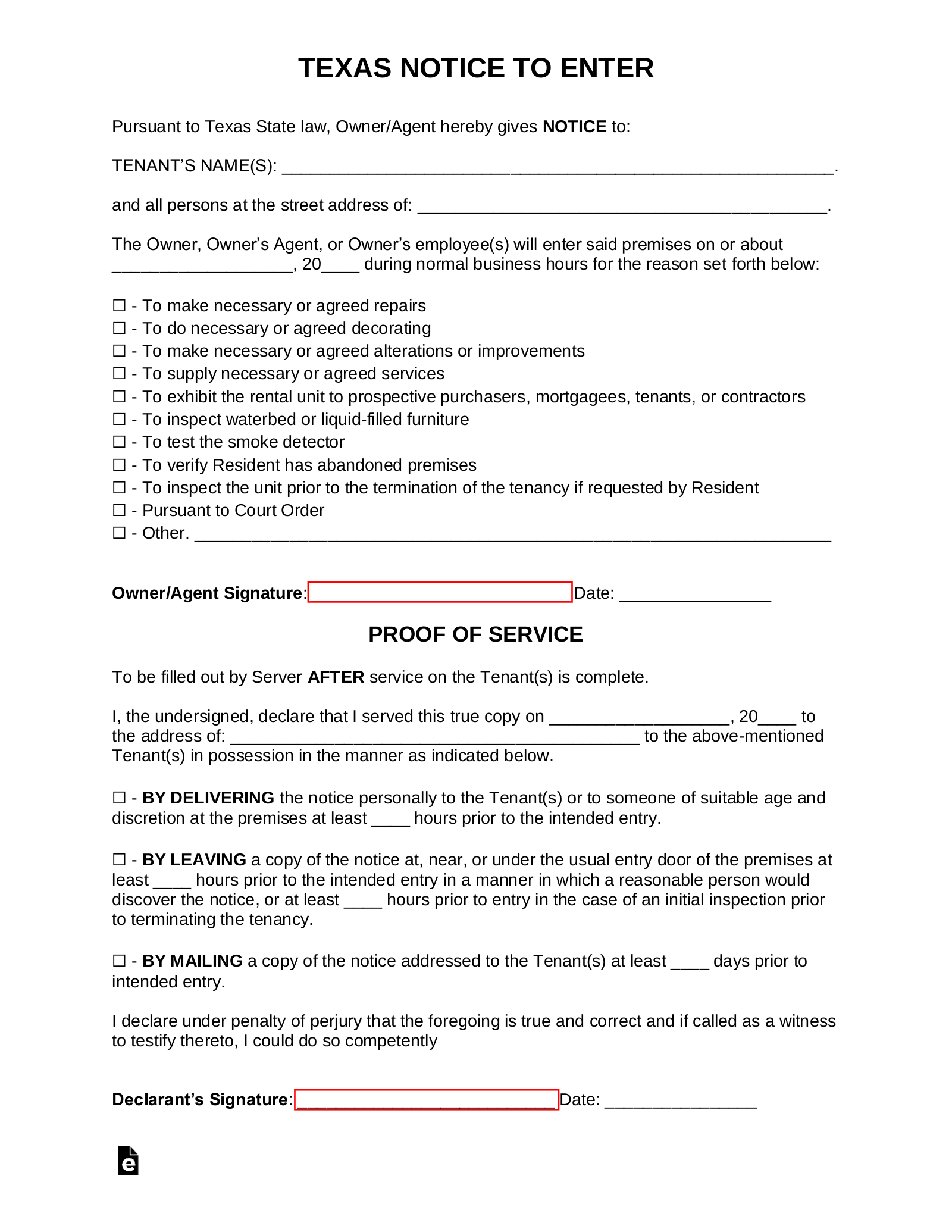 Texas Landlord Notice to Enter Form