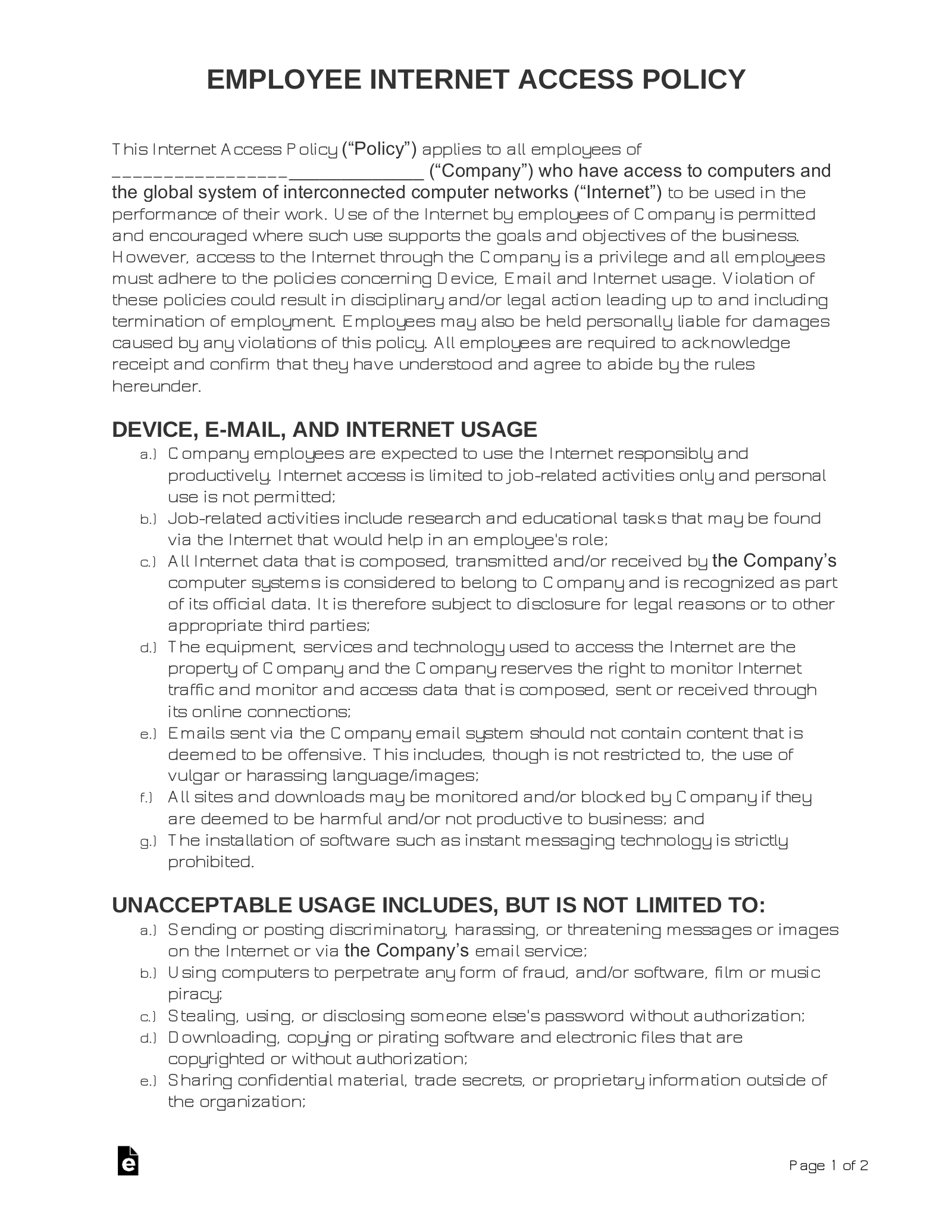 Free Employee Internet Access Policy - PDF | Word – eForms