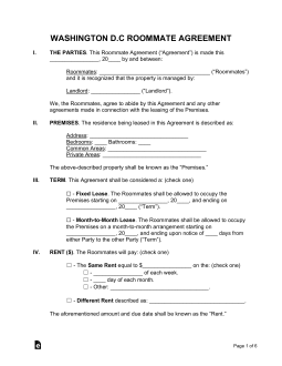 Washington D.C. Roommate Agreement Form