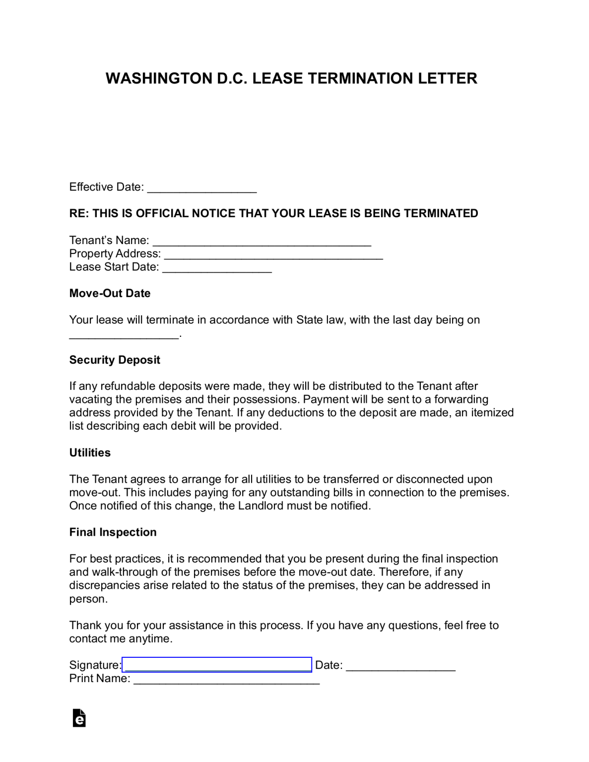 Free Washington D.C. Lease Termination Letter PDF Word eForms