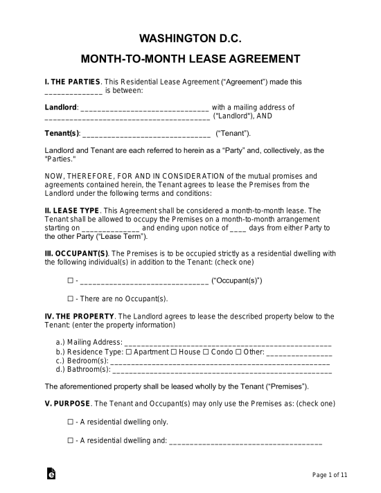 Washington D.C. Month to Month Lease Agreement
