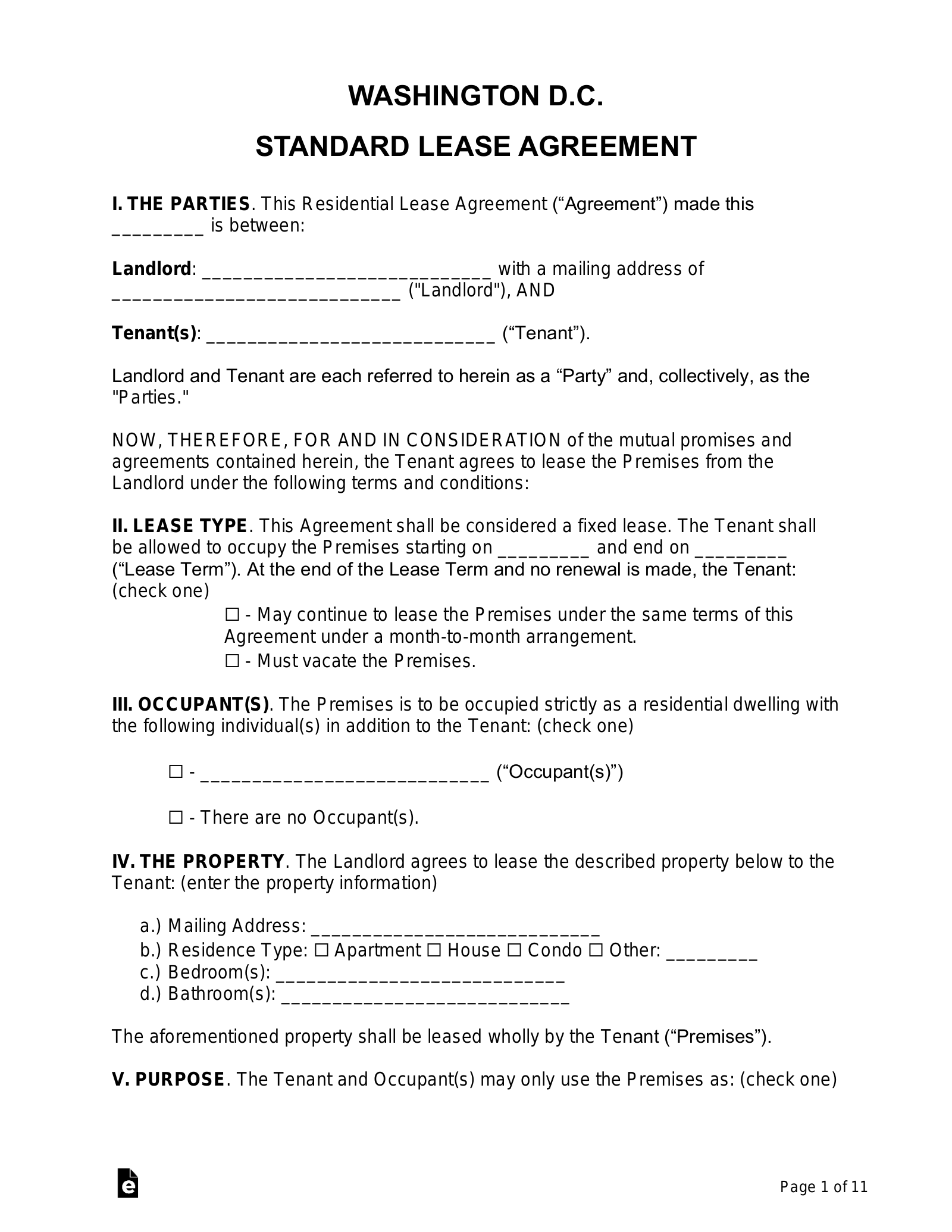 Washington D.C. Standard Residential Lease Agreement