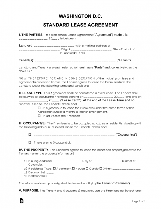Free Washington D C Standard Residential Lease Agreement Template