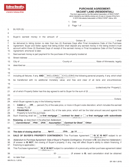 Free Minnesota Land Contract Template PDF Word eForms
