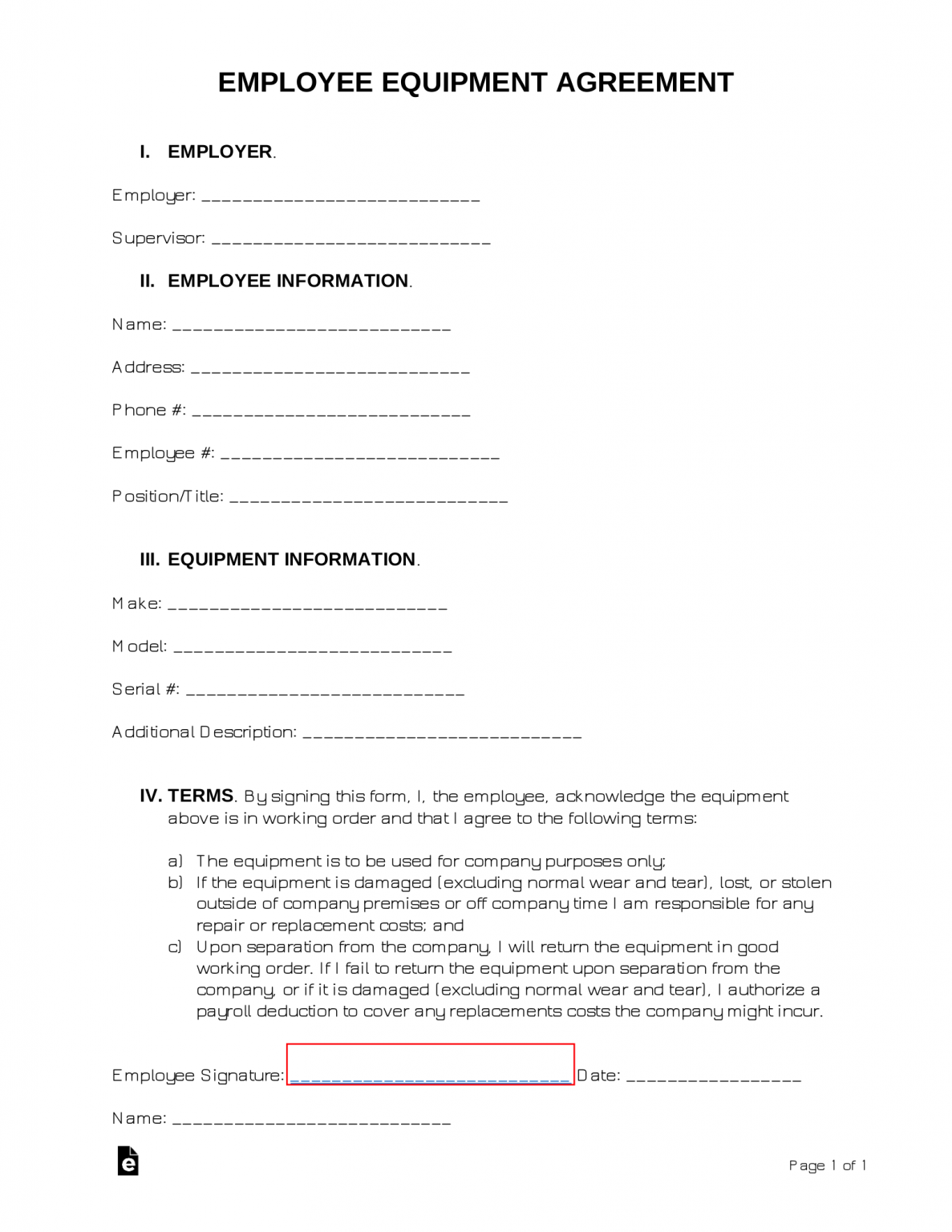 Free Employee Equipment Agreement Template PDF Word eForms