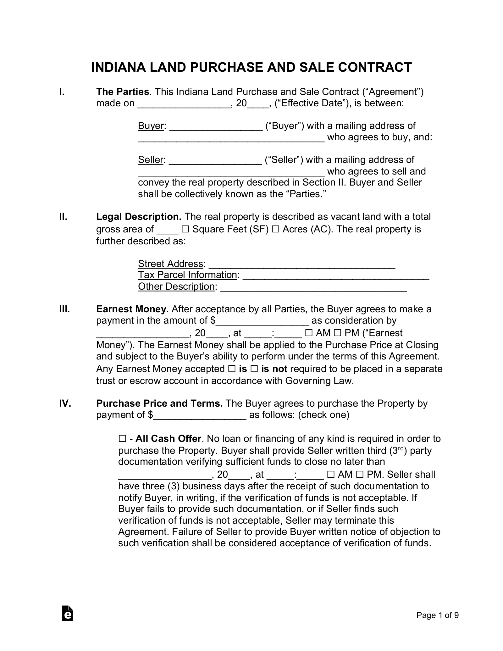 Indiana Land Contract Template