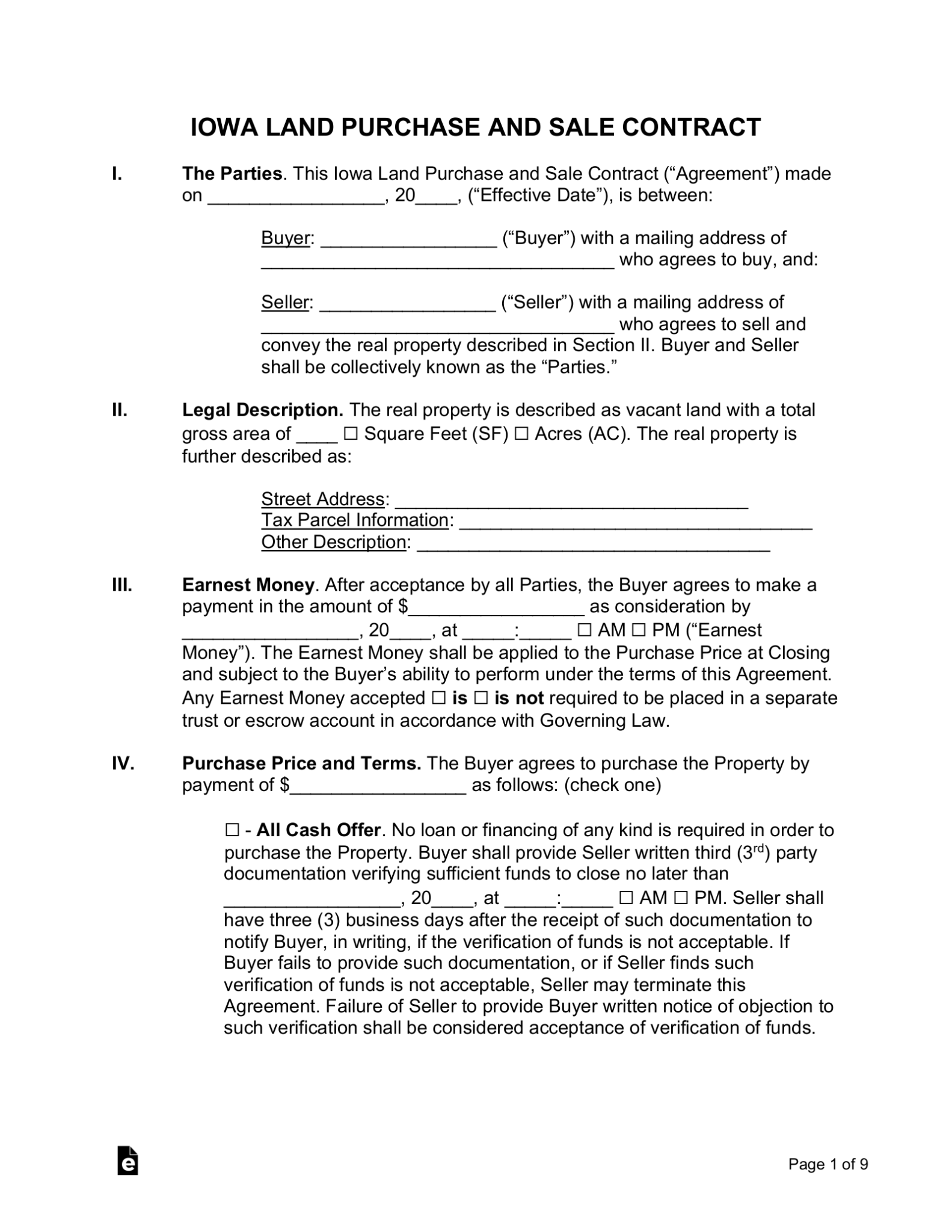 Free Iowa Land Contract Template PDF Word EForms