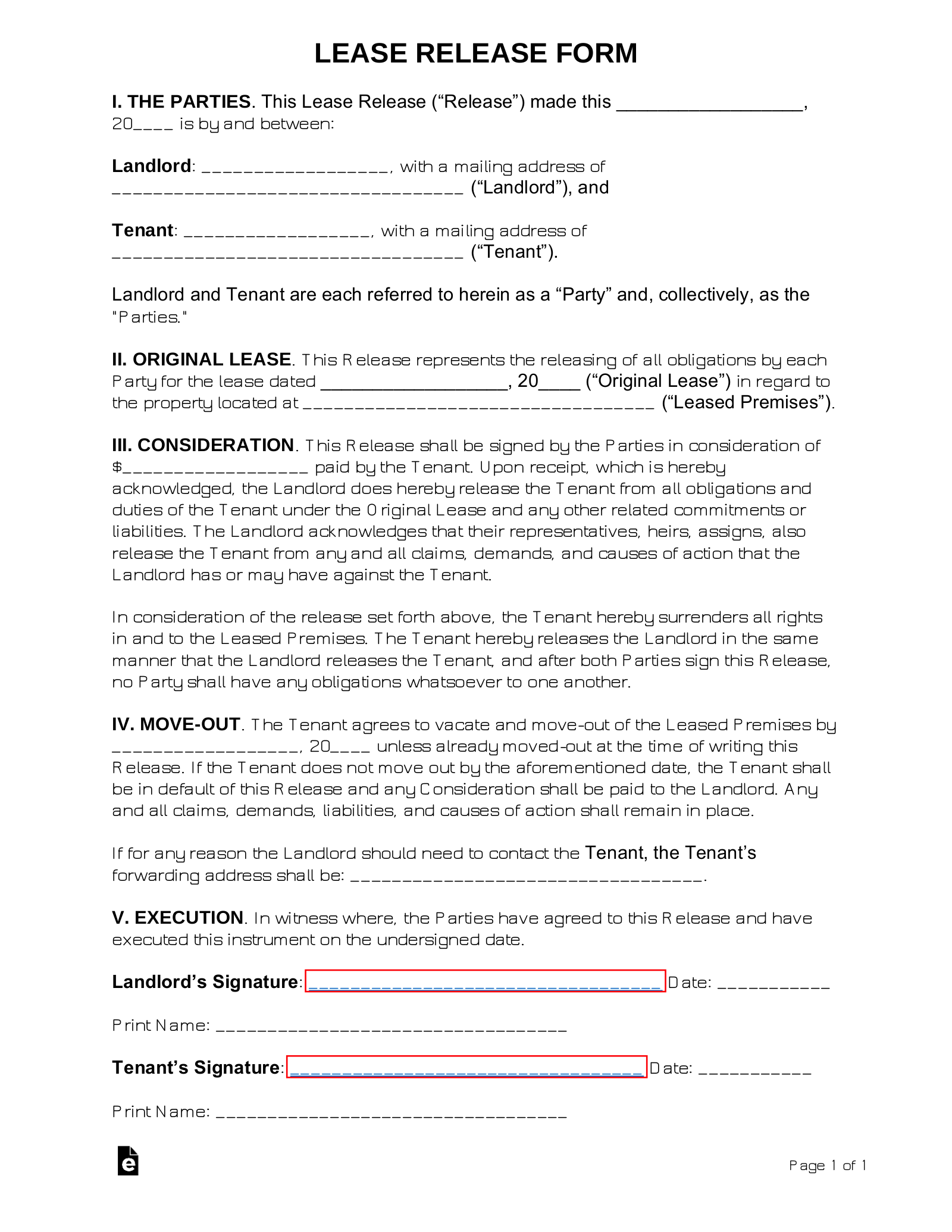 Lease Agreement RELEASE Form | Sample