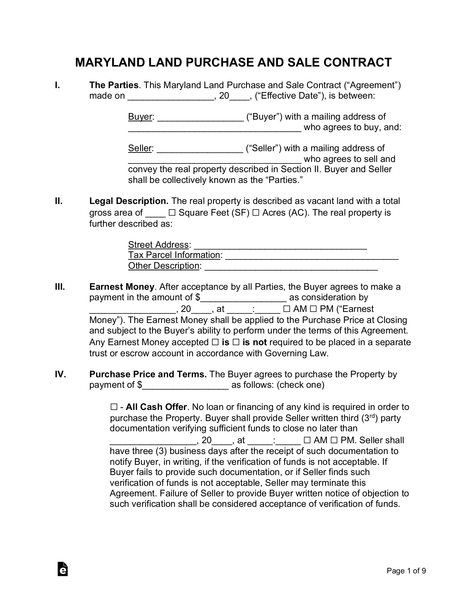 Free Maryland Land Contract Template PDF Word EForms