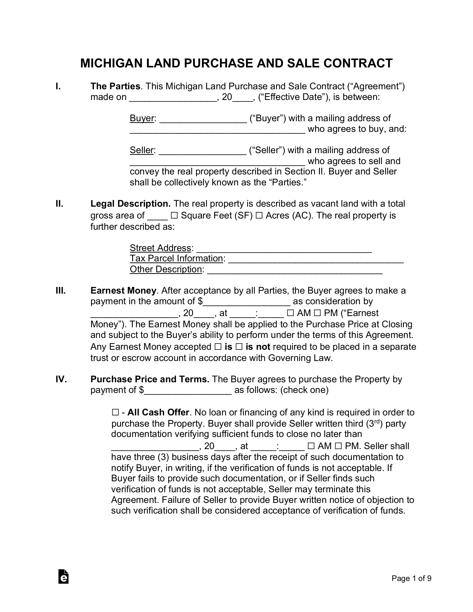 Free Michigan Land Contract Template PDF Word EForms