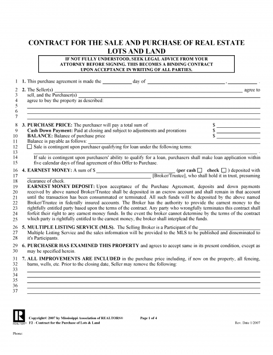 Free Mississippi Land Contract Template PDF Word eForms