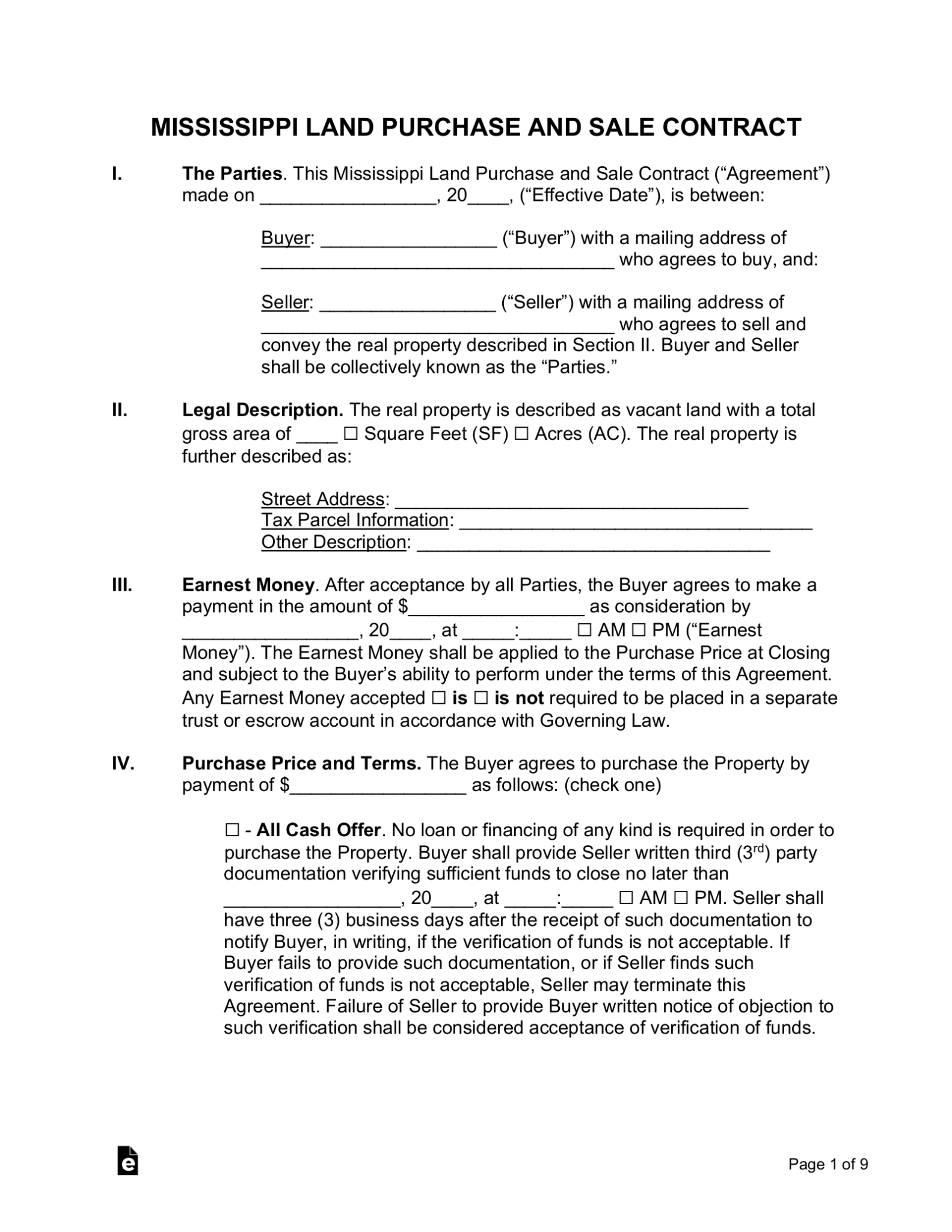 Free Mississippi Land Contract Template - PDF | Word – EForms