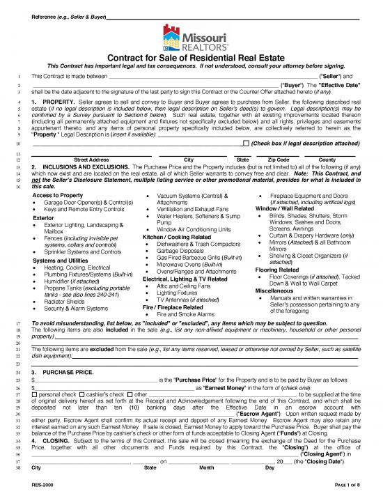 Free Missouri Land Contract Template PDF Word eForms