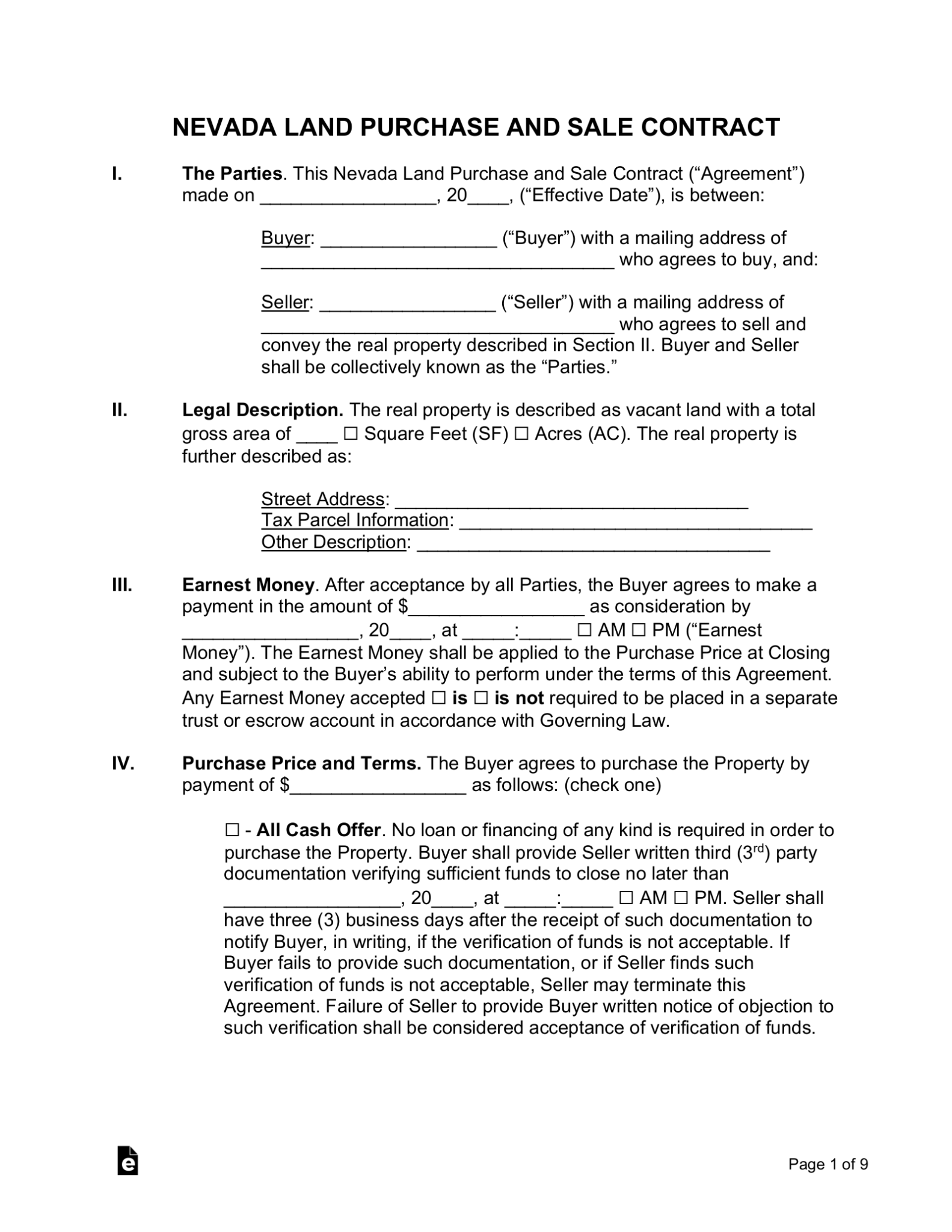 Free Nevada Land Contract Template PDF Word EForms   Nevada Land Contract 1583x2048 