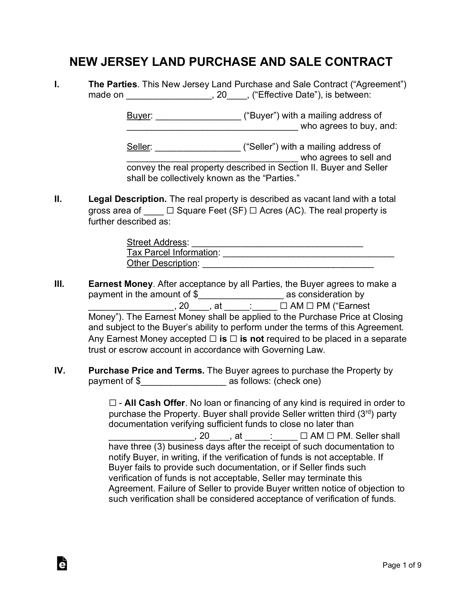 New Jersey Land Contract Template