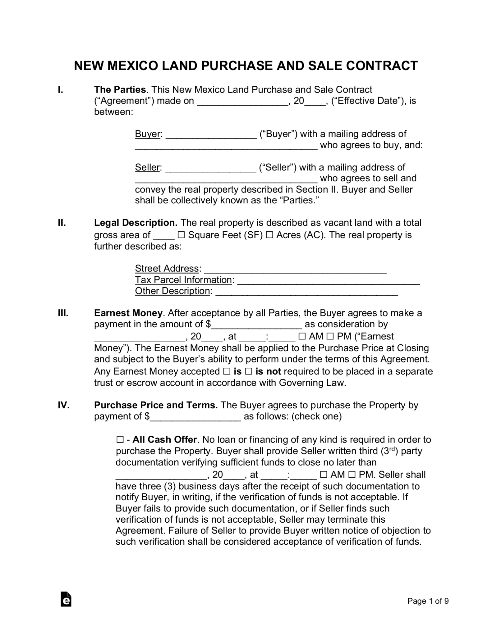Free New Mexico Land Contract Template PDF Word eForms