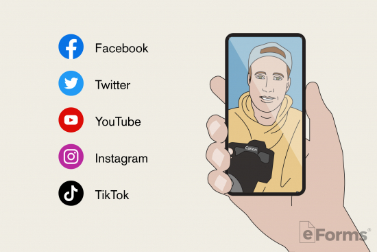 list of social media platforms next to influencer filming self on phone